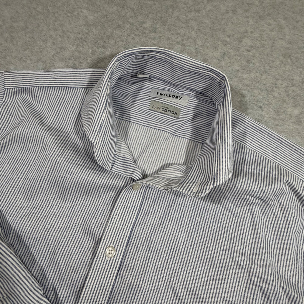 Twillory Dress Shirt Mens 16.5 32/33 BlueWhite Stripe Tailored Fit Cutawaycollar